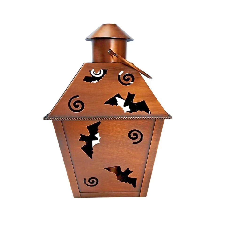 Halloween Metal Lantern Tealight Candle Holder Copper Bronze Tone Jack-O-Lantern